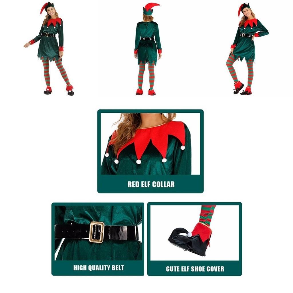 Women's Festive Xmas Elf Outfit Velvet Cosplay Costume With Bells