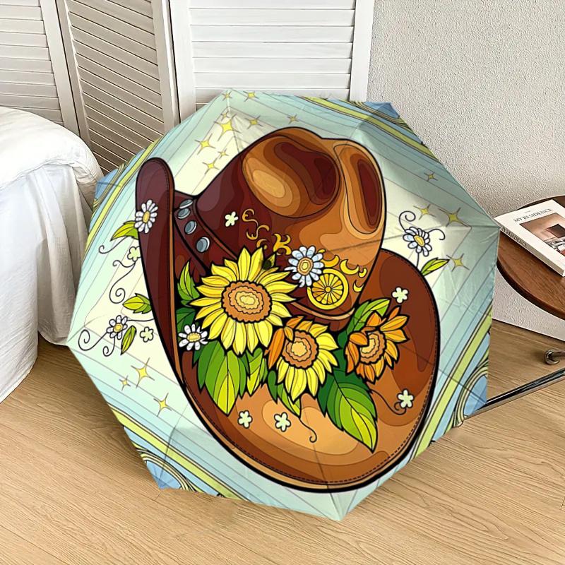 Western Cowboy Hat with Sunflowers and Daisies - Automatic Opening Umbrella, Portable Tri-Fold Design, 8-Bone Iron Frame, , Festival Gift Fo