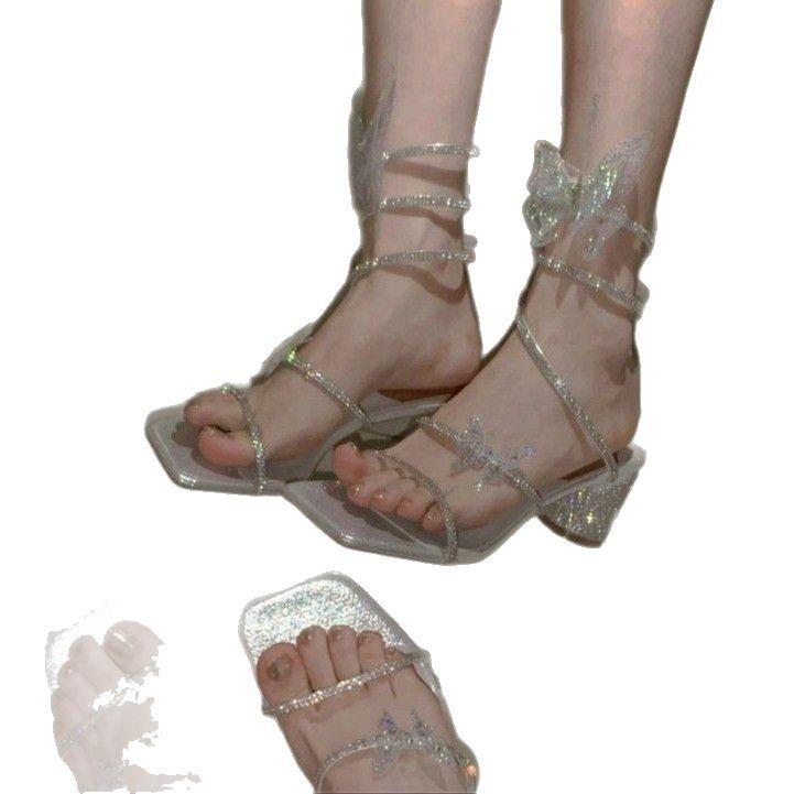 Sandały wróżka lato wróżka wiatr 2025 nowe cyrkonie wąż wijący temperament francuski eksplozja moda wysokie obcasy