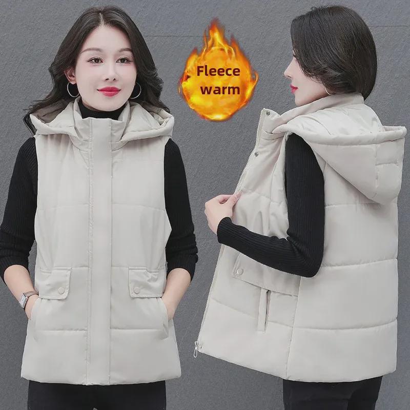 Dámská teplá vesta z jehněčí kůže a sametu s kapucí - Odnímatelná, silná bunda z prachového peří a bavlny na podzim a zimu, ideální pro matky středního věku