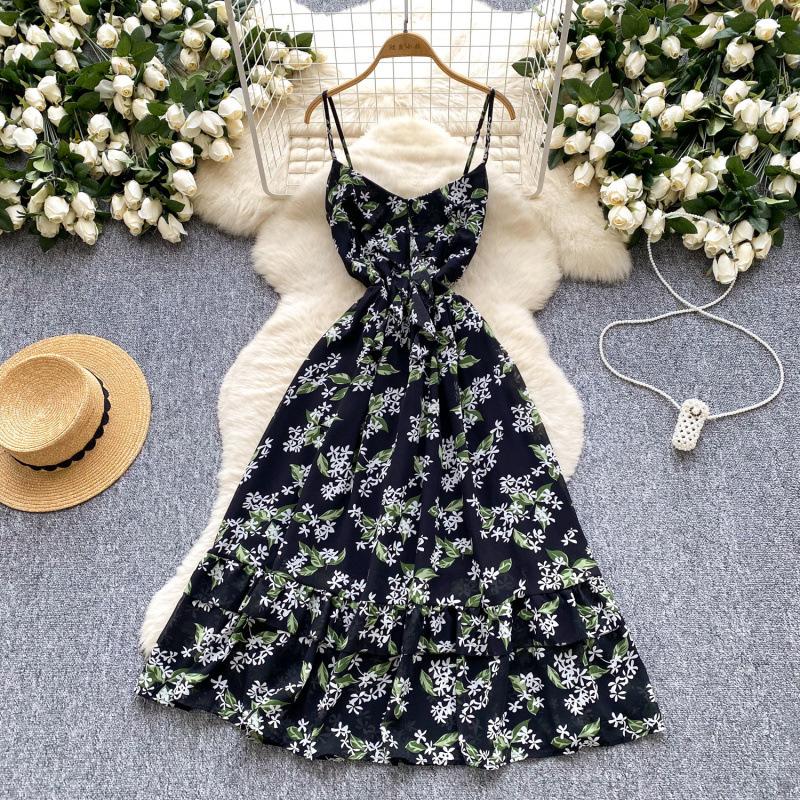 French romantic atmosphere floral suspender dress women's summer waist thin ruffle hem design beautiful long dress