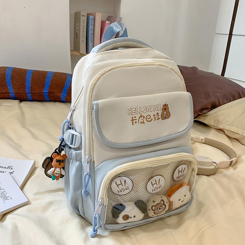 Capybara Color Blocked Letter Print Student Backpack With Pendant Badge And