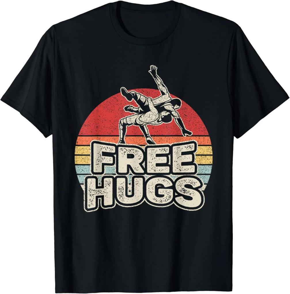 Vintage Free Hugs Wrestling Print T-Shirt Unisex Kurzarm Weiche Baumwolle Sportler Freizeit Streetwear Tee Tops