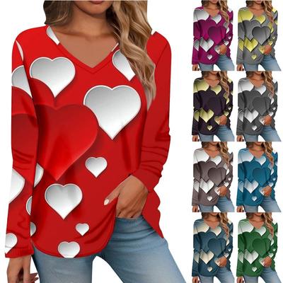 Frühling Herbst V-Ausschnitt Digitaldruck Casual Loose Langarm Damen T-Shirt Top Pullover & Langarm (Damen)