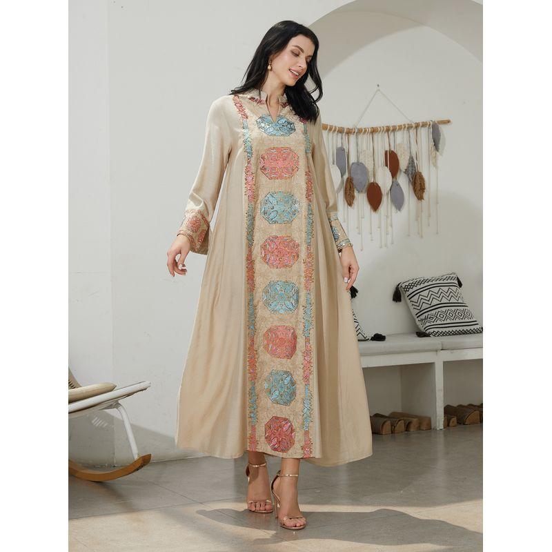 New Middle East Robe Women Clothes Fashion Casual Loose Print Sequins Dress Embroidered Dress