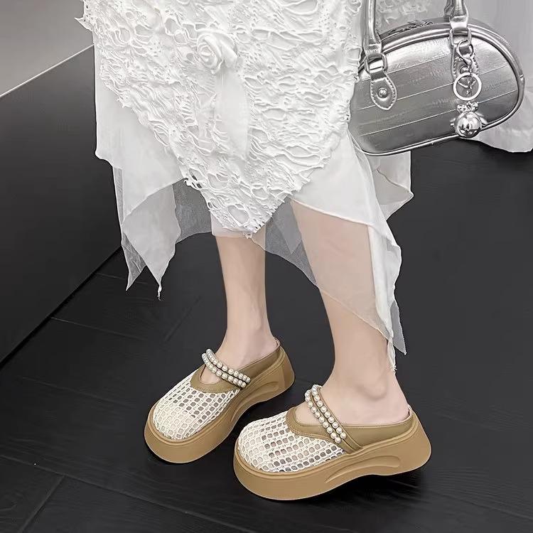 2025 New Thick-soled Heightening Pearl Super Fire One-pedal Bag Head Half Slippers Women's Summer Outer Wear Hollow Cool Slippers