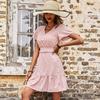 Elegant sweet floral dress pink v-neck ruffle edge dress