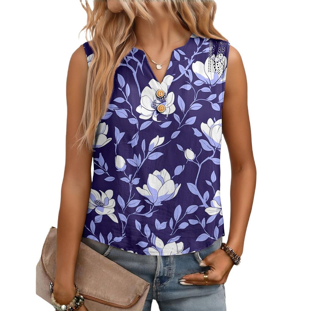 Women's Casual, Loose-Fitting, Printed, Sleeveless Linen Blouse