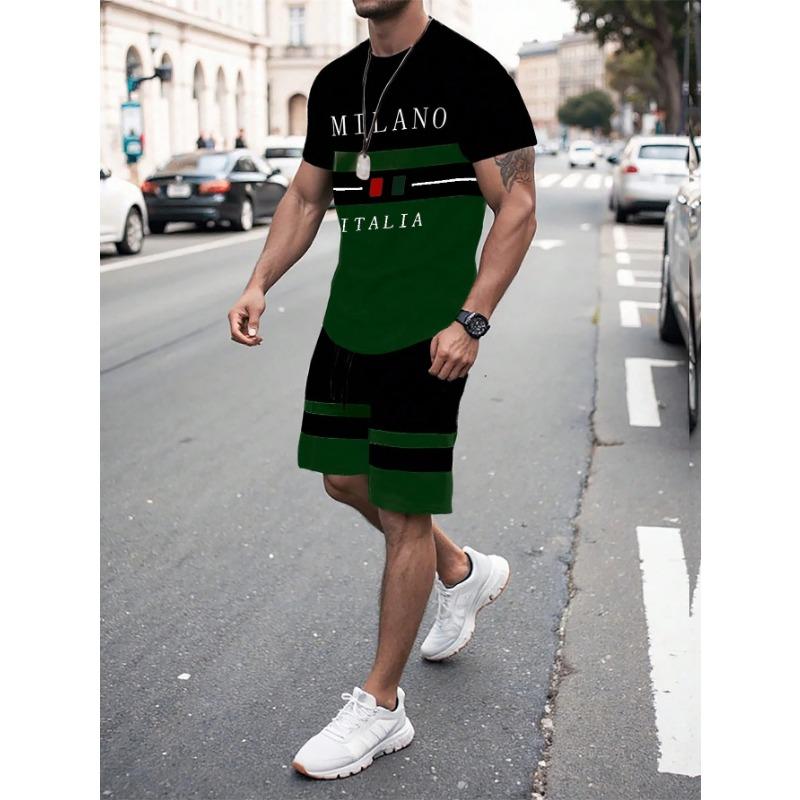 Summer Men's Stripe Letter Print Short Sleeve Top Shorts 2 Pieces Set Oversized Loose Round Neck T-shirt Man Drawstring Shorts