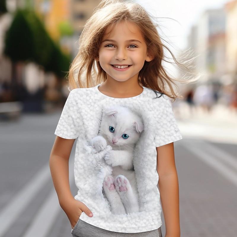 

Детские 3D футболки с кошкой, короткий рукав, 3D-печать, летняя активная мода, милые, для детей 3-12 лет 100