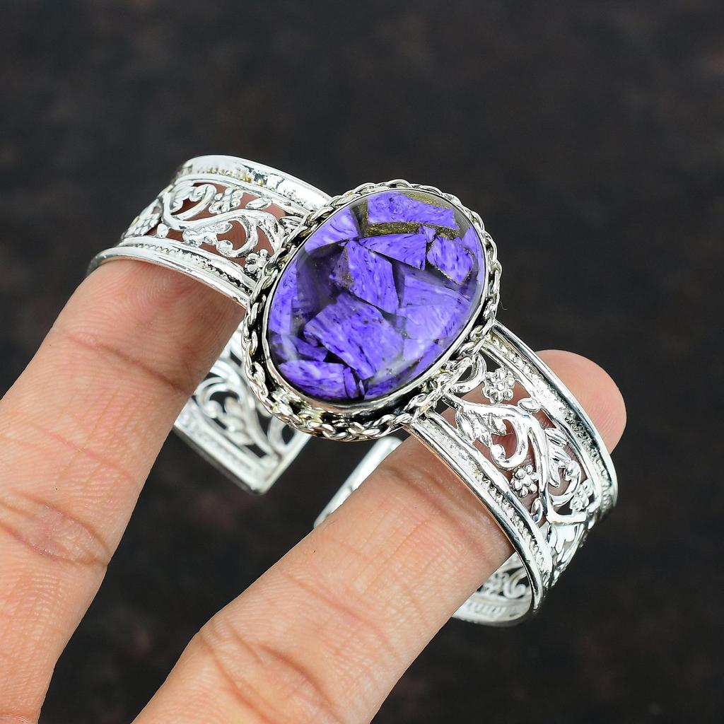Copper Charoite Gemstone Bangle Handmade Bangle 925 Sterling Silver Cuff Bracelet Adjustable Bangle Beautiful Silver Jewelry Wedding Gifts