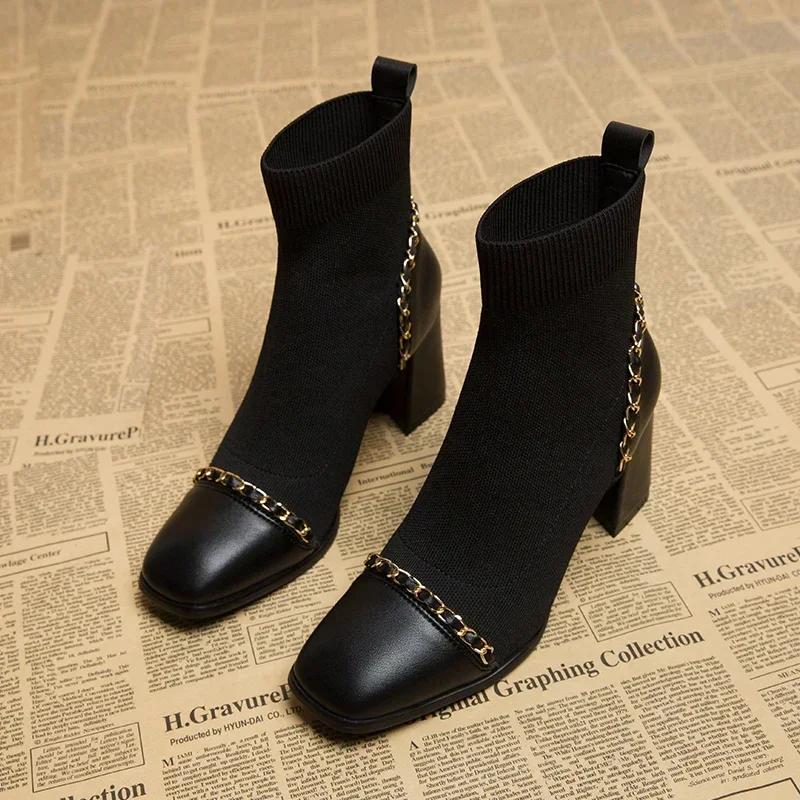 Fashion Autumn Women Knit Ankle Boots Fashion Slip on Slimming Short Booties Autumn Winter Female Thick Heel Shoes