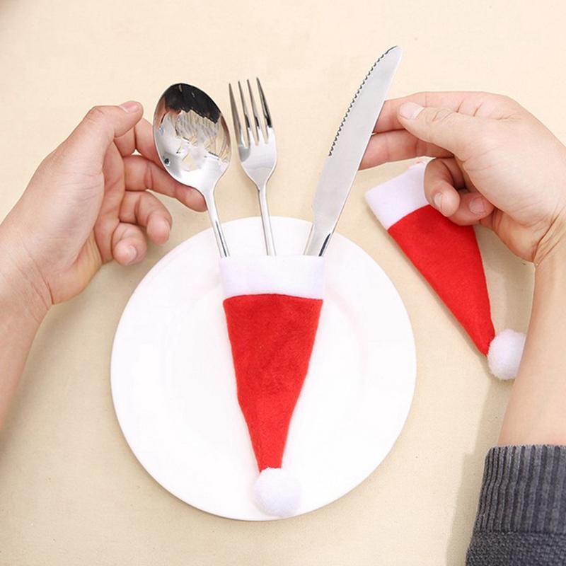 10Pcs Christmas Hat Wine Bottle Cover Plush Tableware Pocket Cartoon Table Decoration Accessories For Home Dinner Party Holiday