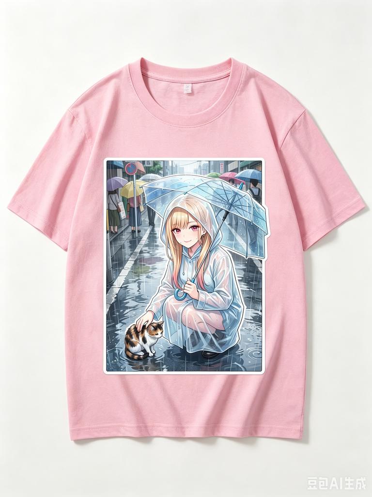 2026 New Unisex Crew Neck Casual Short Sleeve Rainy Street Cat Petting Marin Kitagawa Anime Print Comfortable Tshirt