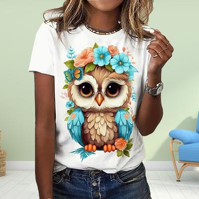 Mode Damen Eule Print T-Shirt Lustig Lässig O-Ausschnitt Kurzarm T-Shirt Sommer Damen T-Shirt