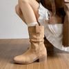 Blue Cabinet Version! Western Pleated Short Boots Women's Pile Boots Retro British Style Small Man Inner Height Increase Medium Tube Martin Boots