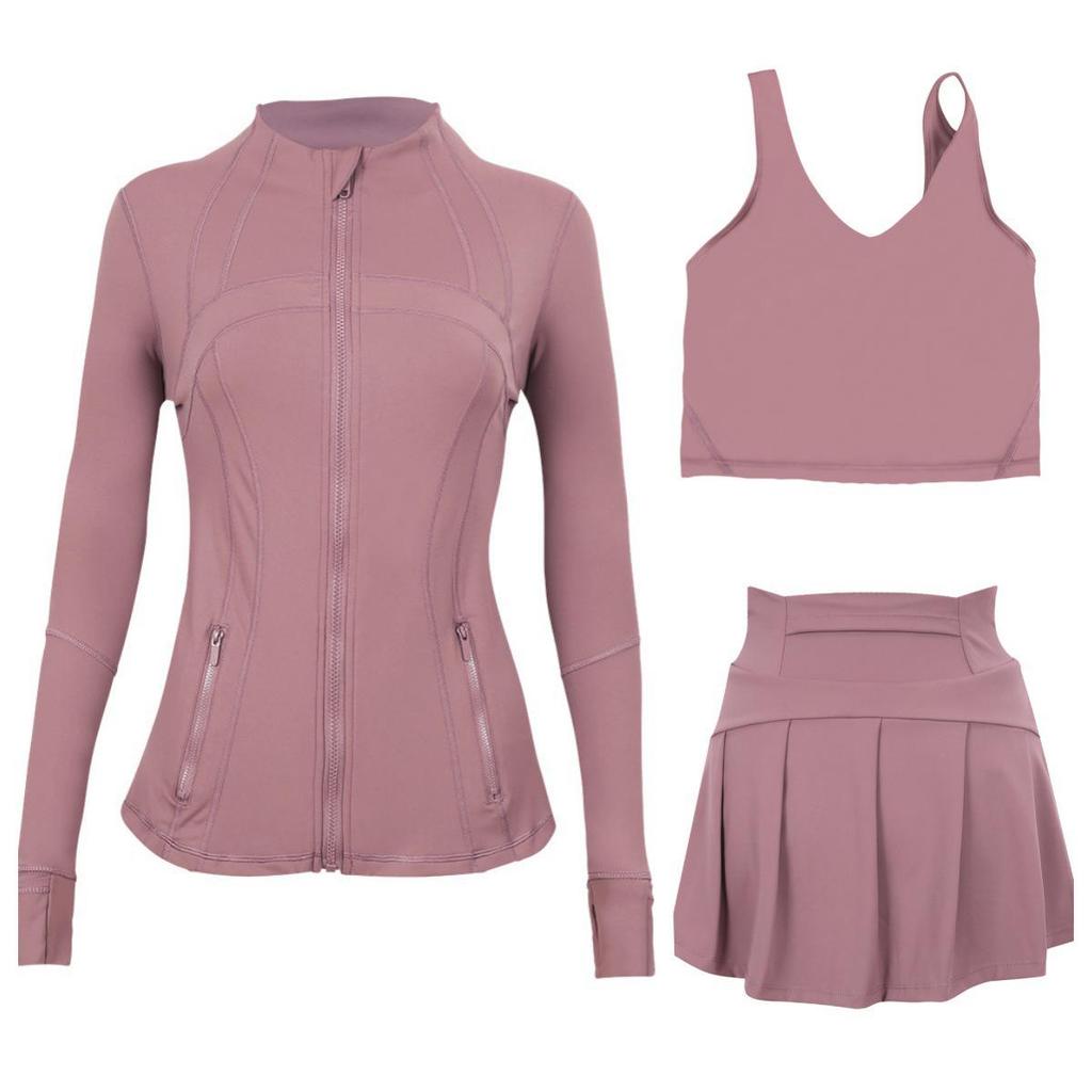 LULU Women's Activewear Set: Tennis Skirt, Stand-up Collar Jacket & Y-back Vest