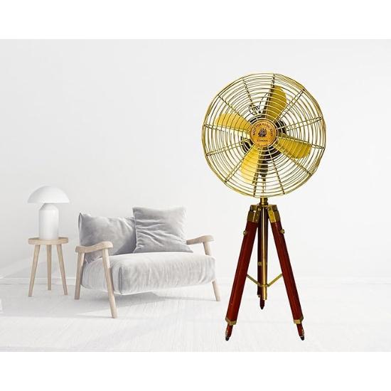 Antique Fan With Wooden Adjustable Tripod Handmade Floor Working Fan
