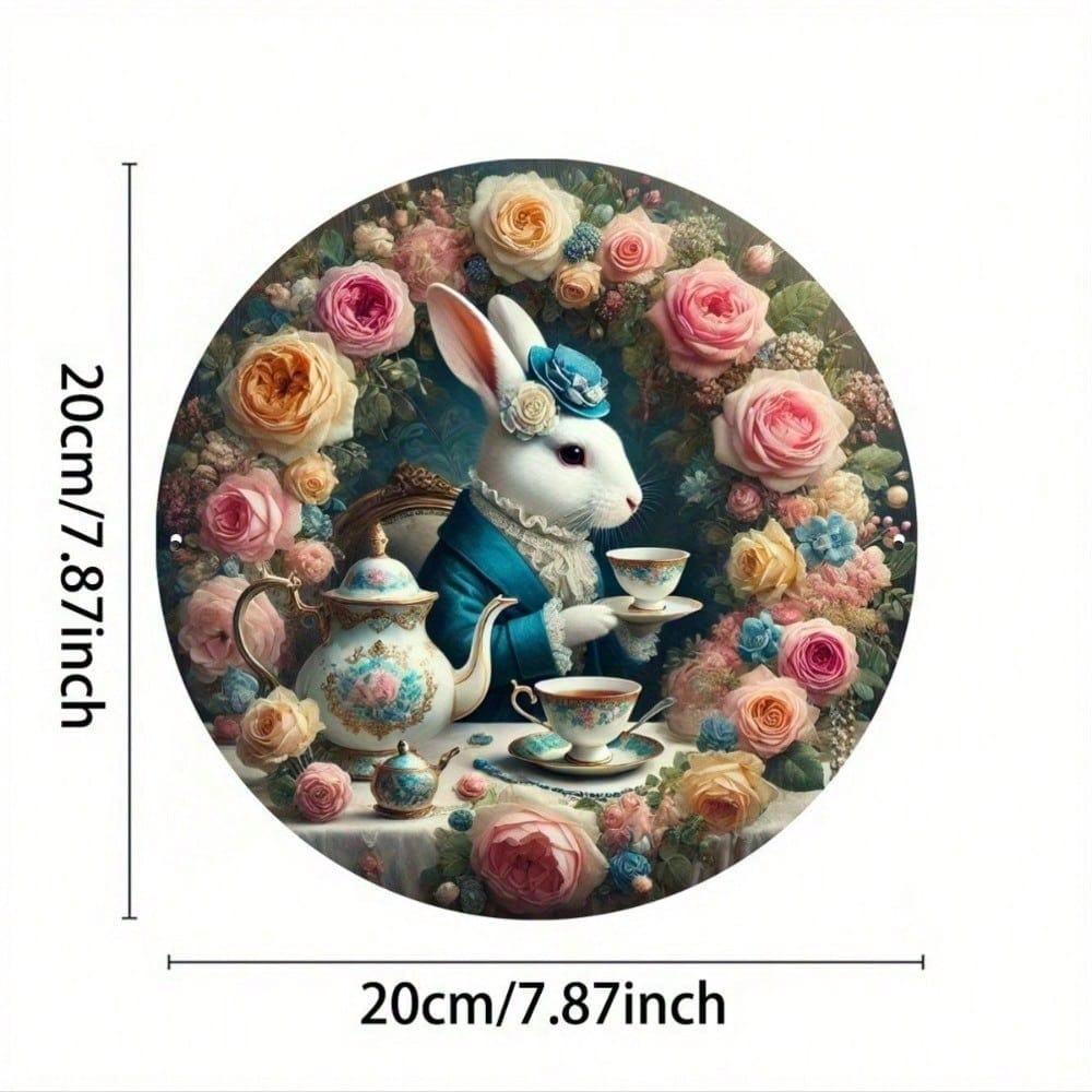 Vintage Rabbit Tea Time Metal Sign, Rustic Round Tin Plate Wall Art Decor for Kitchen Cafe Garden 8x8 Inch