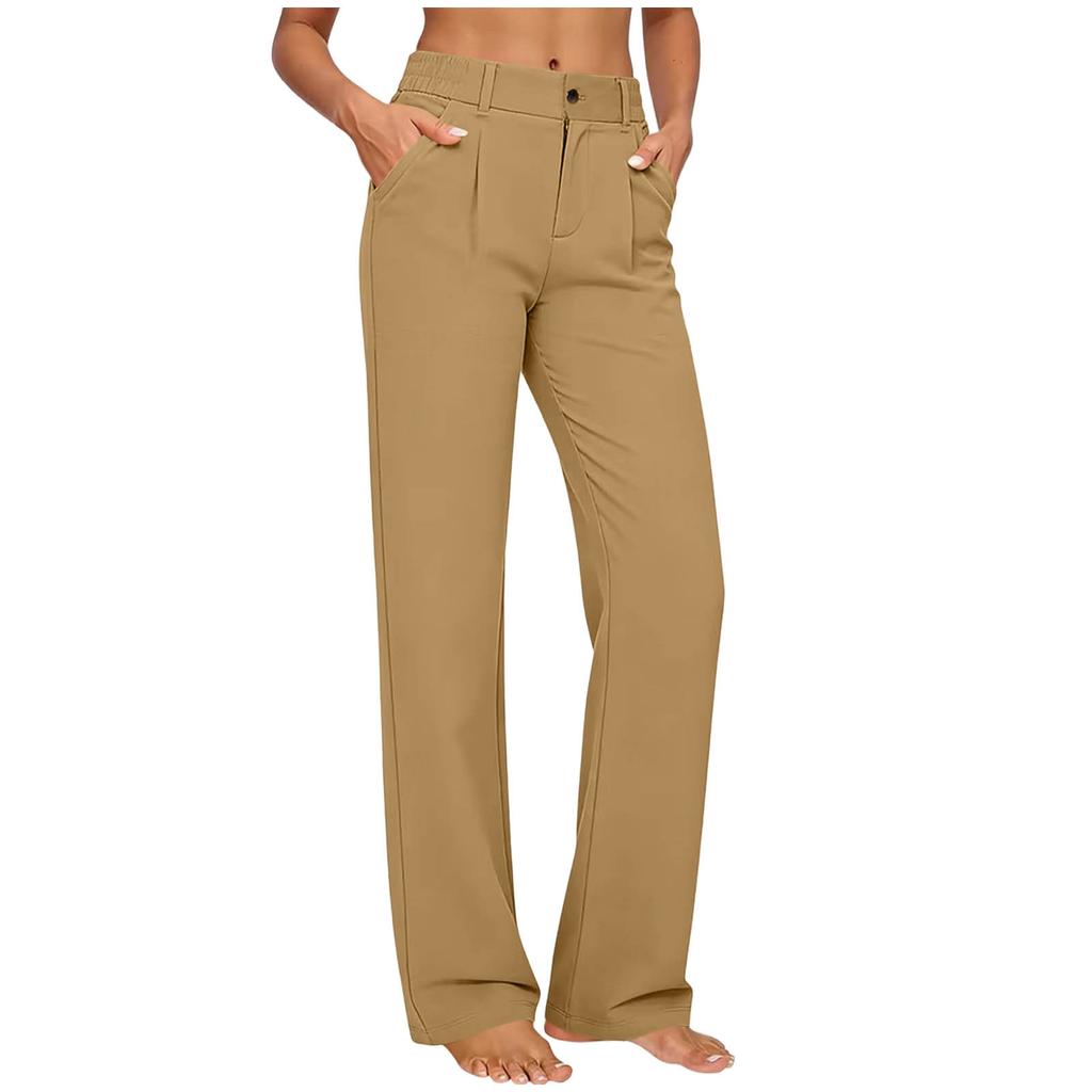 Women’s High Elastic Straight Leg Casual Pants with Waistband and Side Pockets Suitable for Everyday Wear and Office
