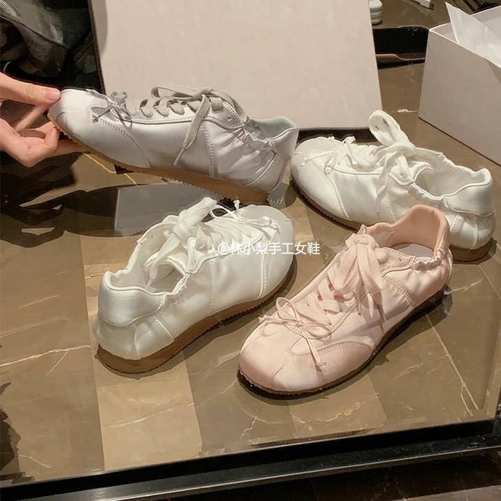 Sheepskin Version Ballet Style Sweet Sister Round Head Satin Sneakers Women's Bow Casual Shoes New German Training Shoes Single Shoes