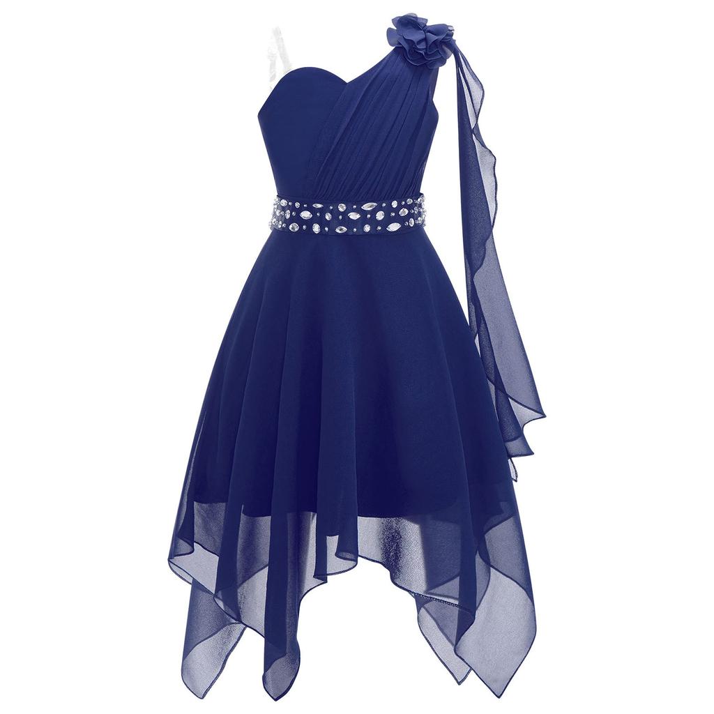 Girls One Shoulder Sleeveless Flower Girl Dress Kids Ruched Applique Pageant Wedding Bridesmaid Dresses