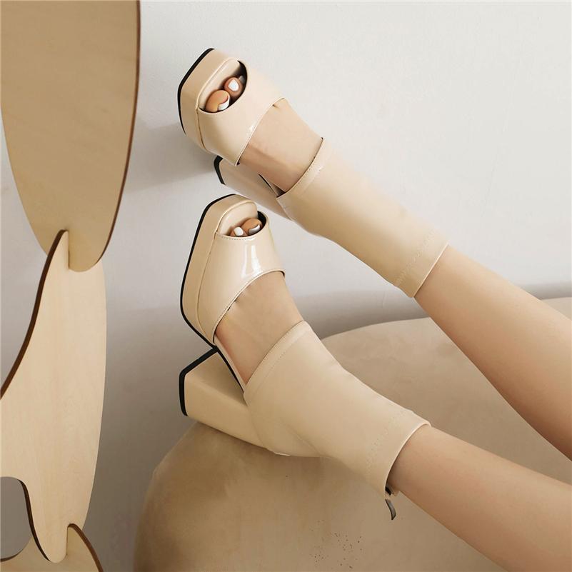 FOREADA Women Sandals Peep Toe Thick High Heels Zippers Platform Sexy Comfort Boots Ladies Fashion Shoes Summer Apricot Black 46