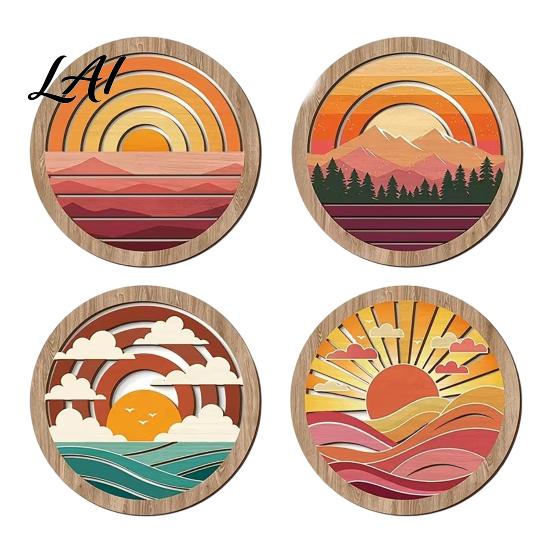 Multi-layer 3D Carving Decor 4Pcs Boho Sunset Wall Art Abstract Landscape Round Hanging Ornaments Unique Studio Decorations Wooden for Living