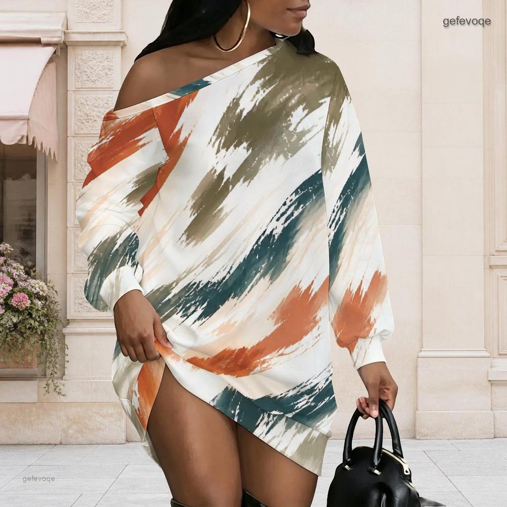 Women Plus Size Off Shoulder Long Sleeve Blue Gold Marble Print Loose Short Dress