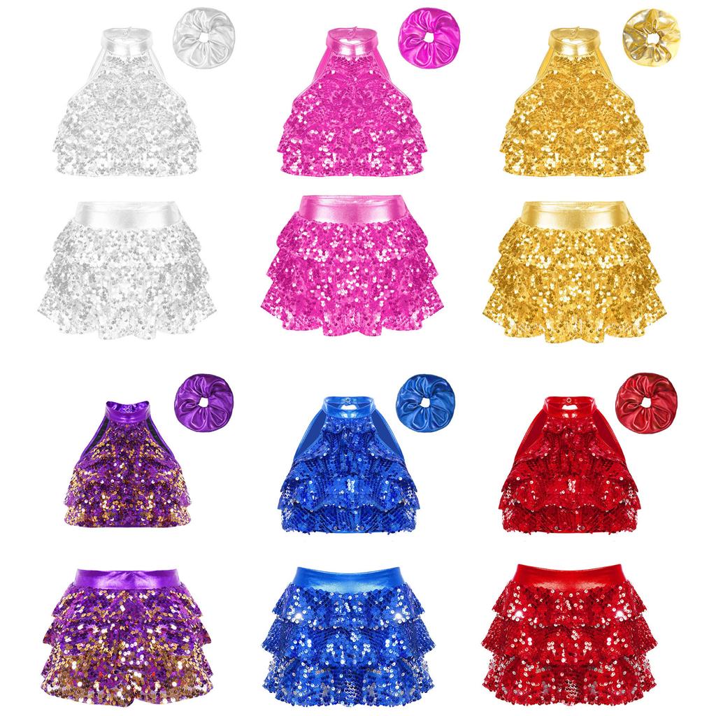 Kids Girls Sparkly Dance Outfit Mock Neck Crop Top Ruffle Culottes with Glitter Hair Band for Competitions