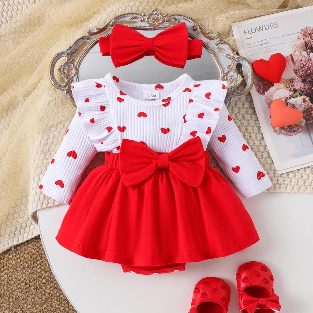 Romper-Set mit rotem Herzmuster und langen Ärmeln für Mädchen