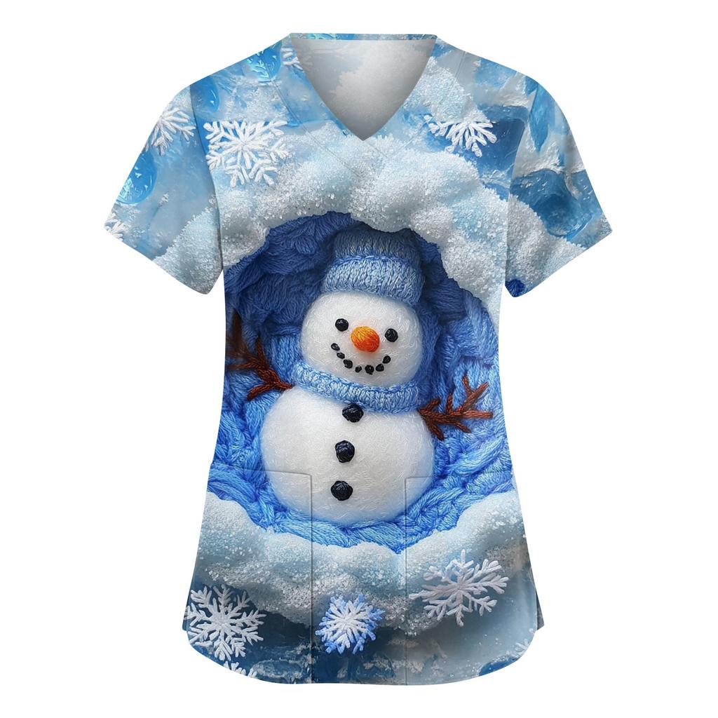 Damen Modische V-Ausschnitt Arbeitskleidung Weihnachten Bedruckt Kurzärmlig Tasche Seitenschlitz Arbeitskleidung Basic Pullover Top