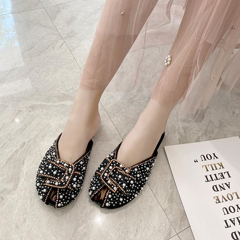 Fish mouth sandals women spring wear flat bottom rhinestone bag head half slippers lazy muller shoes Internet celebrity commuting wind