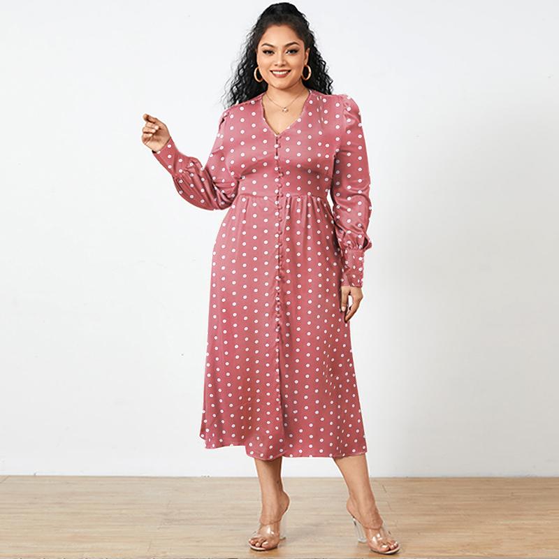 

Весна Женский горошек Фонарь Длинные рукава V Шея Пуговица Свободный Макси Платье FZH