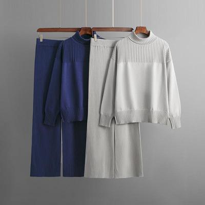 Automne hiver paresseux vent ample col haut pull pull costume femmes couleur unie à manches longues en tricot pantalon à jambes larges deux pièces ensemble