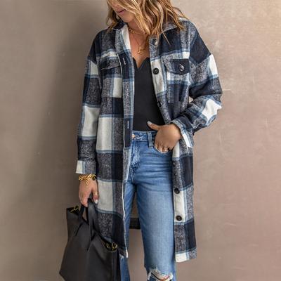 Plaid Woolen Coat Women Autumn and Winter Lapel Knitted Long Casual Coat Women Long Sleeve Top
