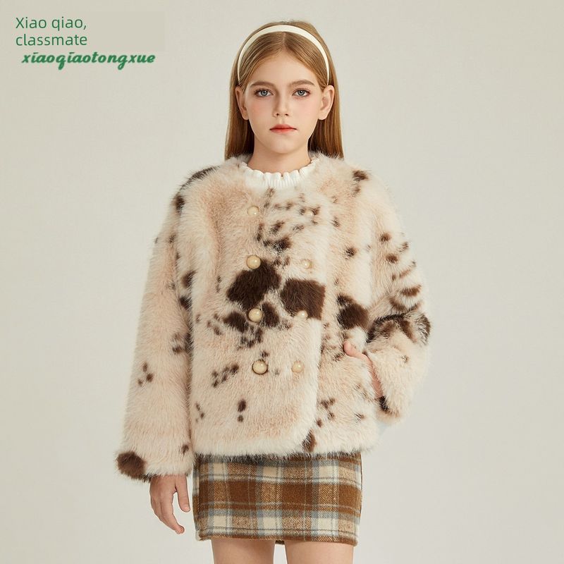Children's Faux Fur Coat Winter New Style Girls' Faux Fox Fur Cardigan for Older Kids Cow Print Korean Style Faux Mink Fur Top