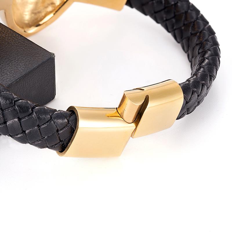 Gold Lion Head Men Bracelet Stainless Steel Leather Wristband Punk Luxury Magnetic Clasp Charm Bracelets Male For Friends Gift