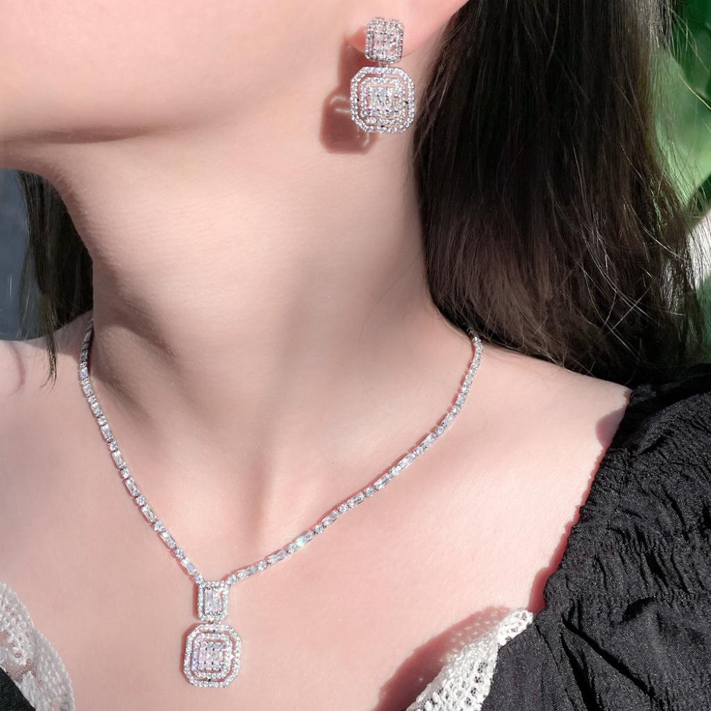 CMM Shiny Baguette Zirkonia Hochzeit Braut Party Halskette Ohrringe Mode Gold Farbe Schmuck Sets Zubehör