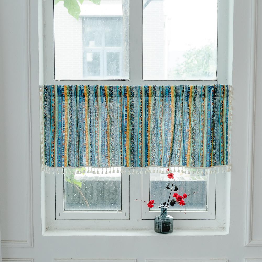 American Cotton And Linen Printed Curtains Finished Non-Punching Rural Kitchen Hanging Curtains Colored Fringed Coffee Short Curtains