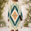 Women Criss Cross V Neck Long Sleeve Abstract Floral Printed Curved Hem Dress