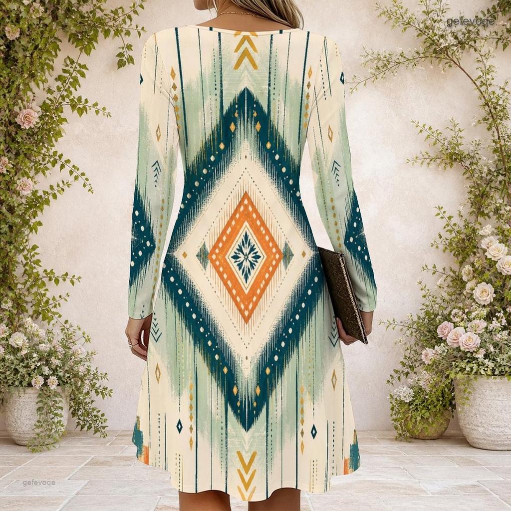Women Criss Cross V Neck Long Sleeve Abstract Floral Printed Curved Hem Dress