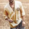 V Neck Lace Up Linen Shirt Men Viking Compass Print Three Quarter Sleeve Loose Casual Beach Blouse