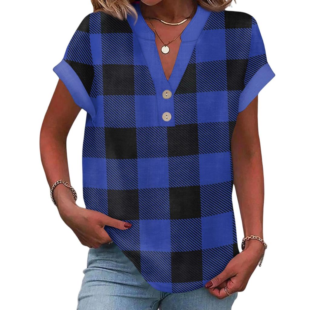 Women's Casual Fashion V-Neck Button Plaid Printed Short Sleeve Top