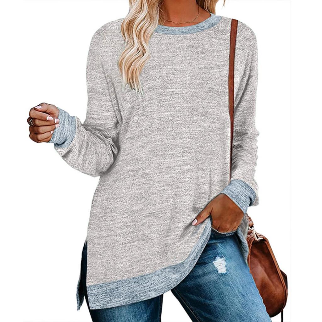 European American Women's Color Block Split Long Sleeve Crew Neck Loose Casual Pullover T-shirt Top