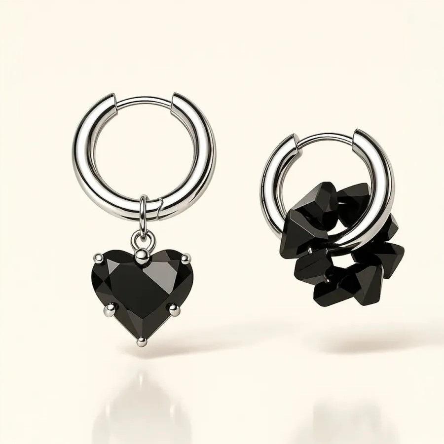 Punk Silvery Asymmetric Creativity Fashion Red Zircon Heart Hoop Earrings Party Birthday Lover Jewelry Accessories Party Gifts