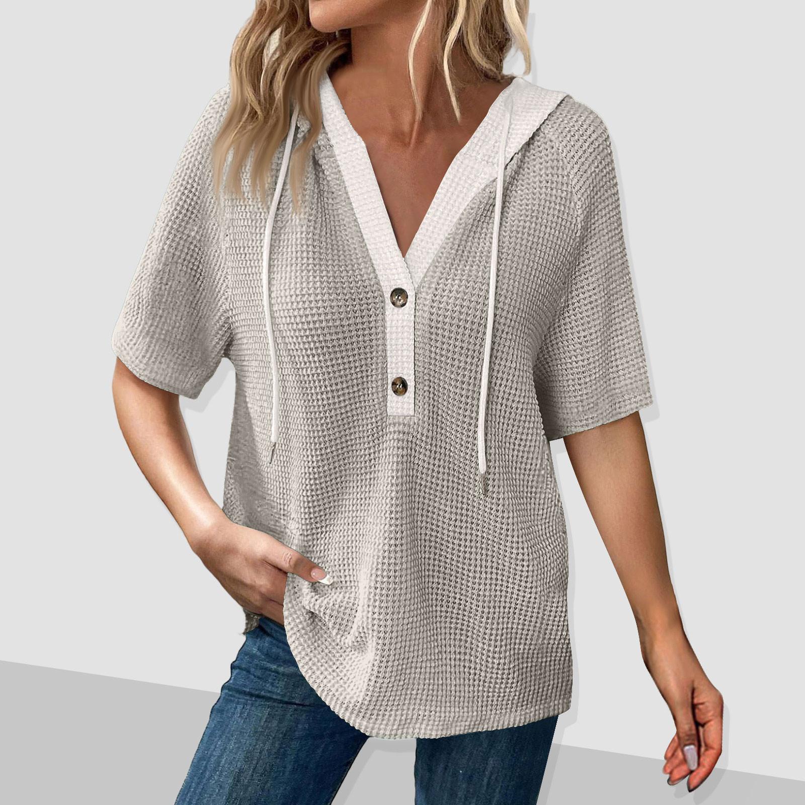

Women s Fashion Colour Blocking Short Sleeve Knitted Drawstring Hooded Button V-Neck Casual Hooded Sweatshirt Top L