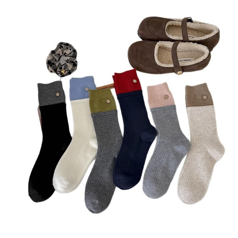 Retro Wooden Button Cashmere Socks Color Matching Medium Tube Socks Thermal Stockings Micro-Pressure Stacking Socks
