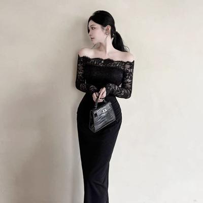 Pure and Elegant Off-Shoulder Black Evening Dress for Women, New Lace Waist-Cinching Slimming Hip-Hugging Long Dress for Trendy Style