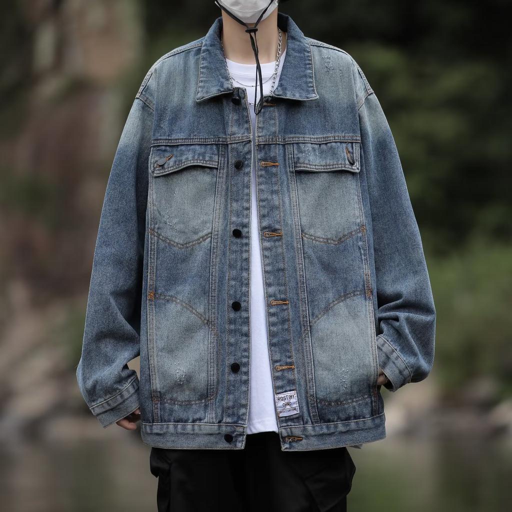 American Retro Denim Jacket Men'S Trendy Brand High Street Tooling Jacket Design Sense Loose Casual Ruffian Handsome Top